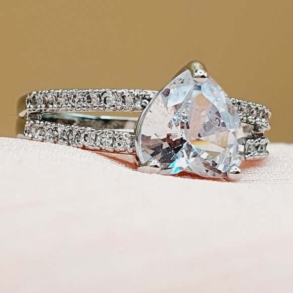 Sweet Pure CZ Double Layer Diamonds Lovely Heart Rings for Women, P1123 - Picture 6 of 12